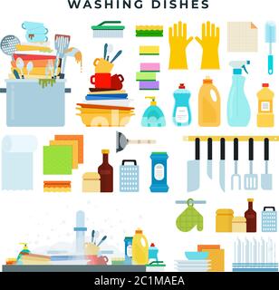 Lavavetreria, piatti sporchi e puliti, utensili da cucina, detersivi, stoviglie in lavello. Insieme di elementi vettoriali di stile piatto. Illustrazione Vettoriale