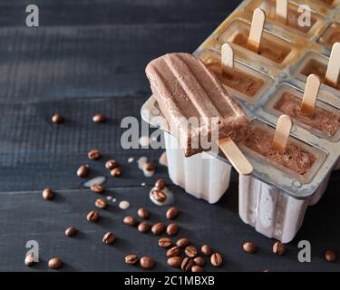 Il ghiaccio in plastica forma lecca stampi con la produzione fatta in casa di gelato al cioccolato e caramelle in stampi per ghiaccio su uno sfondo di legno Foto Stock
