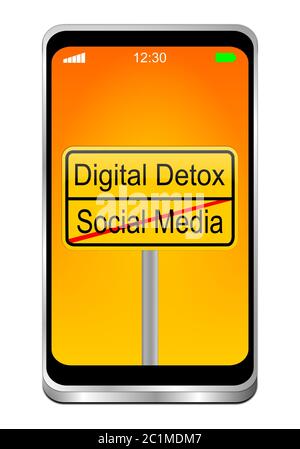 Smartphone con Digital Detox - Social Media Sign su desktop arancione - illustrazione 3D Foto Stock
