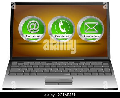 Laptop con pulsante verde contattaci su desktop arancione - illustrazione 3D Foto Stock