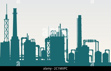 Silhouette di un edificio di fabbrica con torri, tubi e tubi di produzione per l'industria chimica Illustrazione Vettoriale