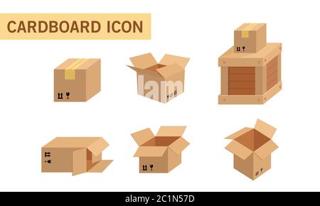 Illustrazione vettoriale del cartone ancora sigillato, aperto e impilato. Adatto per l'illustrazione della spedizione del carico, della consegna del carico online e dell'imballaggio Illustrazione Vettoriale