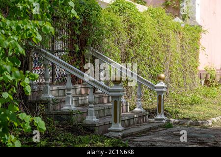 vecchia scala in pietra con corrimano tra la vegetazione verde Foto Stock