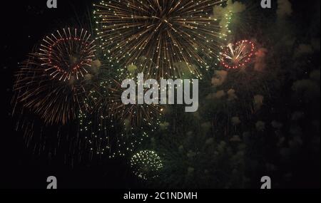 Coloratissimi fuochi d'artificio sul cielo nero lo sfondo Foto Stock