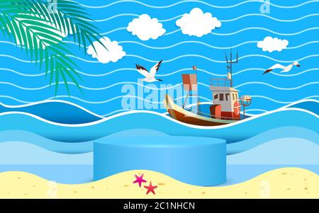 podio blu con lo sfondo della spiaggia Illustrazione Vettoriale