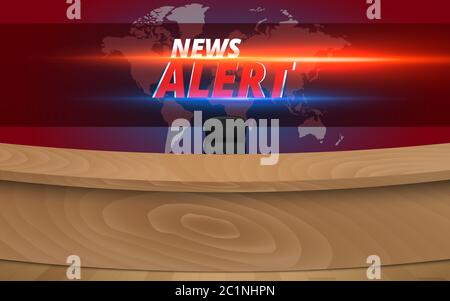 tavolo in legno e allarme notizie su sfondo lcd nella sala studio notizie Illustrazione Vettoriale