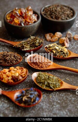 Cucchiai con diversi tipi di estratto secco di foglie di tè. Foto Stock