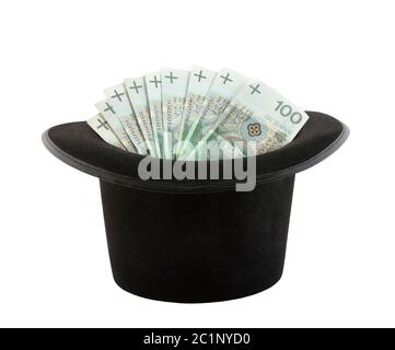 Lucidare il denaro che appare da un cappello a cilindro isolato su sfondo bianco Foto Stock