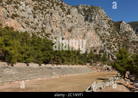 Delfi, Phocis - Grecia. Vista panoramica dello Stadio di Delfi. Foto Stock
