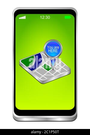 Smartphone con blu si è qui puntatore mappa su desktop verde - illustrazione 3D Foto Stock