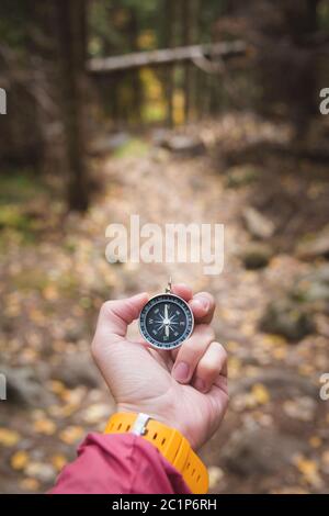 Una bella mano maschile con una cinghia gialla per orologio tiene una bussola magnetica nella foresta di conifere autunno. Il concetto di trovare Foto Stock