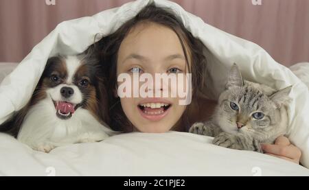 Felice teen girl comunica con il cane Papillon e Thai cat a letto Foto Stock