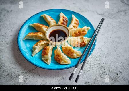 Tradizionali asiatici gnocchi Gyozas su 'turqoise' piastra ceramica Foto Stock