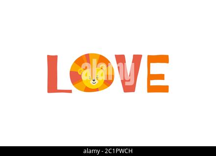 Stampa con la testa del leone in piedi per o nella parola amore. Illustrazione vettoriale in stile piatto Illustrazione Vettoriale