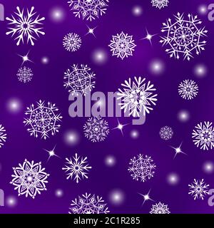 Motivo senza cuciture con fiocchi di neve bianchi e stelle su sfondo viola Illustrazione Vettoriale