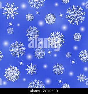 Motivo senza cuciture con fiocchi di neve bianchi e stelle su sfondo blu Illustrazione Vettoriale