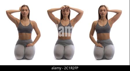 Collage. Ragazza che pratica yoga in uno studio su un bianco Foto Stock