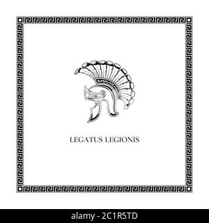 Casco romano con l'iscrizione Legatus Legionis e cornice decorativa. Illustrazione Vettoriale