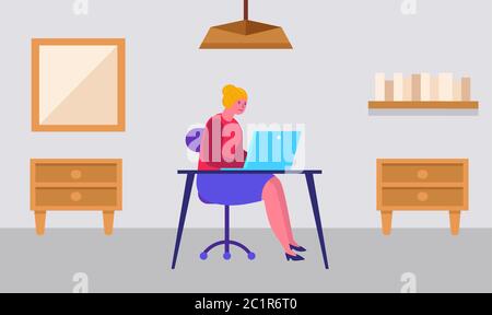 una ragazza che lavora su un computer portatile a casa Illustrazione Vettoriale