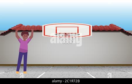 ragazzo sta giocando nel campo di basket Illustrazione Vettoriale