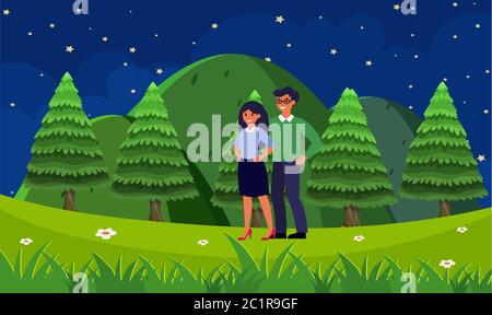 coppia che cammina in giardino la sera Illustrazione Vettoriale