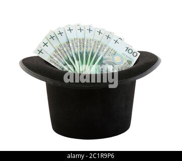 Lucidare il denaro che appare da un cappello a cilindro isolato su sfondo bianco Foto Stock