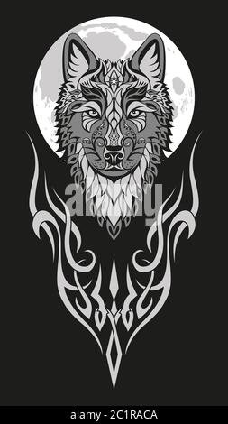 Personaggio astratto moderno lupo testa disegno su sfondo nero per la stampa di design. Illustrazione artistica vettoriale. Illustrazione Vettoriale