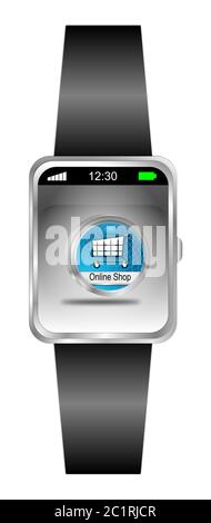 Smartwatch con pulsante blu online Shop sul desktop color argento - illustrazione 3D Foto Stock