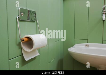 Un rotolo bianco di carta igienica morbida appeso perfettamente a un moderno supporto cromato su una parete verde del bagno. Foto Stock