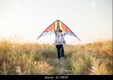 felice attivo bambino sportivo piccolo con aquilone di colore in mano che corre veloce tra il campo verde estivo con cielo blu con spazio di copia dietro Foto Stock