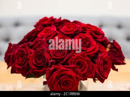 Red bouquet di rose rosse. Fiori di nozze su sfondo grigio. Messa a fuoco selettiva, concetto di san valentino Foto Stock