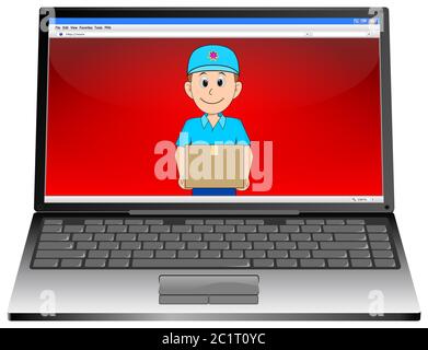 Computer portatile con Courier amichevole che consegna un pacco su desktop rosso - illustrazione 3D Foto Stock