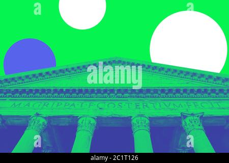 Vista dal basso dell'architrave del Pantheon romano Foto Stock