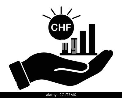 Palm out CHF grafico a barre della crescita del franco svizzero. Illustrazione nera isolata su sfondo bianco. Vettore EPS Illustrazione Vettoriale