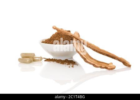 Ganoderma Lucidum gel capsule e polvere. Foto Stock