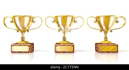 Tre golden cup trofei. 3D Foto Stock