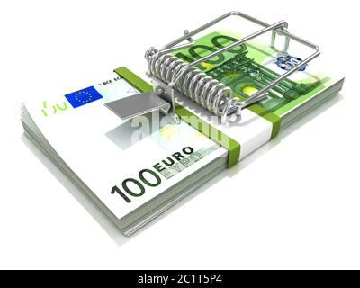 3D render mousetrap installato su euro pila di banconote Foto Stock
