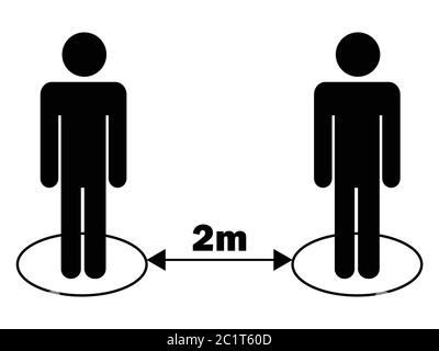 Divaricatore sociale 2 m due metri Stick Figure. Illustrazione nera isolata su sfondo bianco. Vettore EPS Illustrazione Vettoriale