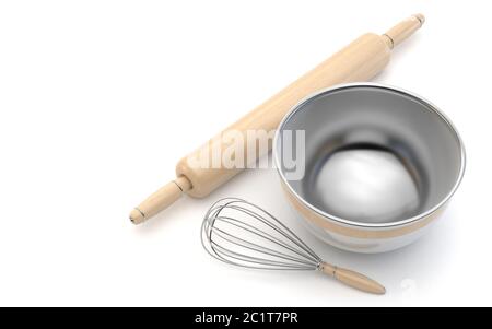 Frusta, legno mattarello e chrome ciotola. 3D Foto Stock