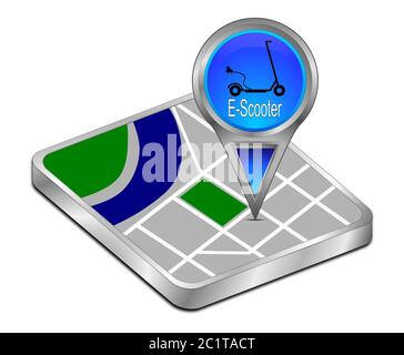 Puntatore mappa blu con e-Scooter - illustrazione 3D Foto Stock