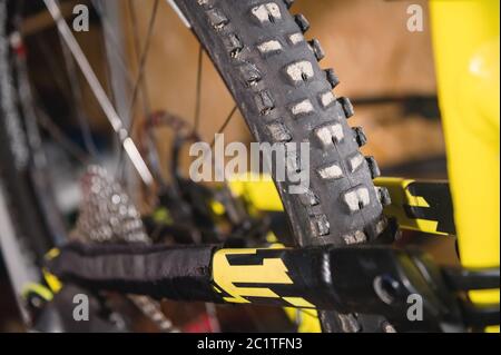 Primo piano del battistrada per mountain bike in officina Foto Stock