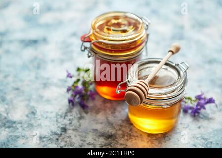 I vasetti con diversi tipi di carni miele biologico Foto Stock