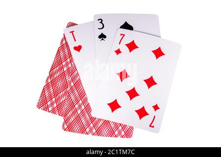 Carte da gioco, tre, sette, ACE. Isolato su sfondo bianco Foto Stock