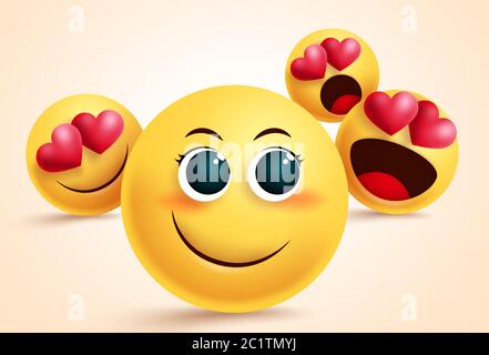 Smiley emoji amore suitor vettore design. Bella emoji con i pretendenti e ammiratore innamorati di lei per ammirazione e amore design concetto. Illustrazione Vettoriale