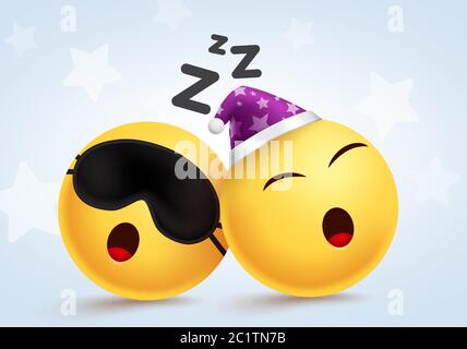 Design vettoriale del sonno emoji. Emoji dorme stanco e russante personaggio con maschera oculare e cappello elemento su sfondo bianco. Illustrazione vettoriale. Illustrazione Vettoriale