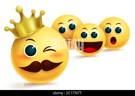 Il re Emoji ammirerà il design vettoriale. Emoji re idolo con corona d'oro ammirate con altre emoji in diverse espressioni facciali per campione e ammirazione. Illustrazione Vettoriale