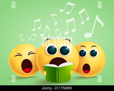 Smiley emojis cantare coro vettore disegno. Emoji con facce gialle divertenti che tengono canto del libro di canzone in coro. Illustrazione vettoriale. Illustrazione Vettoriale