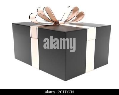 Scatola nera. Presente decorato con arco dorato. illustrazione del rendering 3d Foto Stock