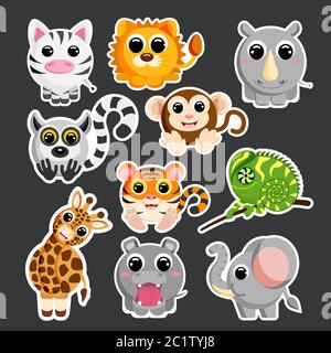 carino modello adesivo set di animali africani in stile vettoriale piatto Illustrazione Vettoriale