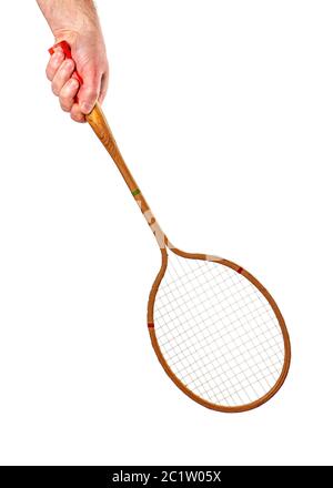 Racchetta di badminton vintage in legno isolata a mano su sfondo bianco Foto Stock